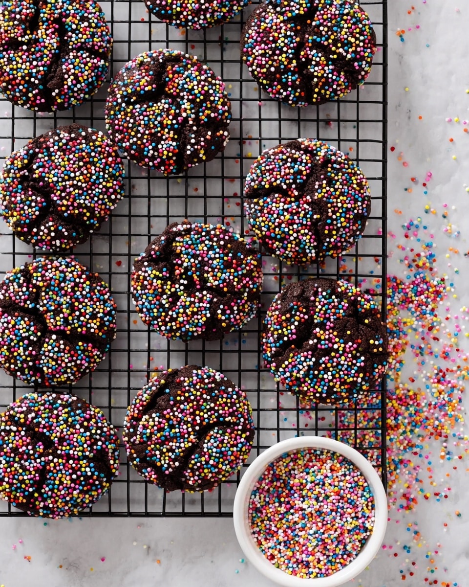 The image shows nine dark chocolate cookies spread out on a cooling rack over a white marbled surface. Each cookie is round and cracked on top, covered evenly with tiny round rainbow-colored sprinkles. The sprinkles include red, blue, yellow, pink, white, orange, and green colors creating a bright and festive look. In the bottom right corner of the rack, there is a small white bowl filled with the same rainbow sprinkles, with some spilled sprinkles scattered around the bowl and on the marbled surface. photo taken with an iphone --ar 4:5 --v 7