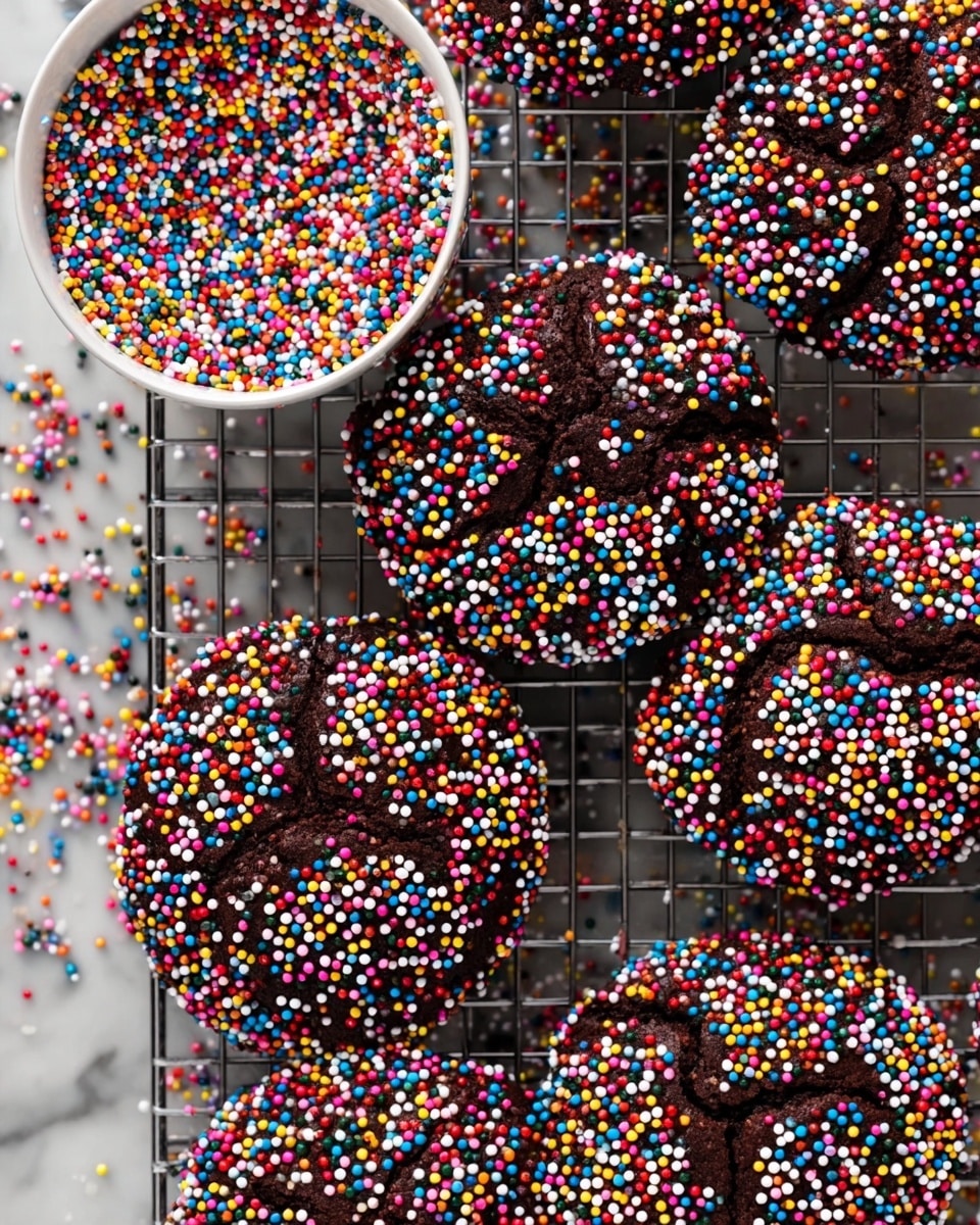 The image shows several round, dark brown chocolate cakes with cracked tops, each covered densely with tiny, round sprinkles in bright colors like red, blue, yellow, white, and pink. The cakes are placed closely together on a metal cooling rack over a white marbled surface. Next to the cakes, a white bowl filled to the top with the same colorful sprinkles is visible, adding a pop of color to the scene. The surface has scattered sprinkles around the cakes, emphasizing the playful and festive look. photo taken with an iphone --ar 4:5 --v 7