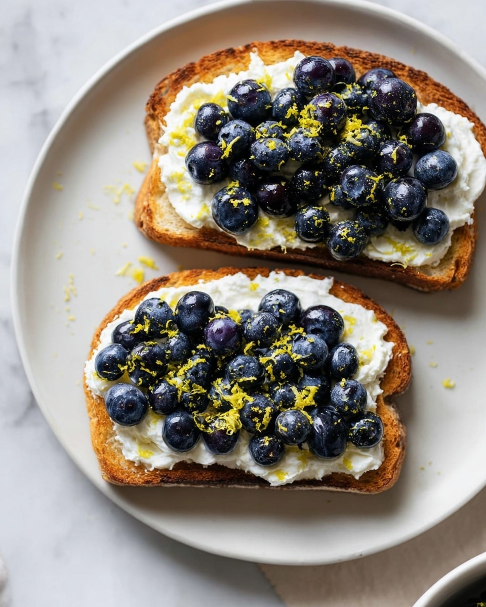Two slices of toasted bread sit on a round white plate placed on a white marbled surface. Each slice is topped with a thick, uneven layer of white cream cheese, spread close to the edges but with some texture visible. On top of the cheese, there is a generous layer of shiny, plump blueberries that are dark blue and tightly packed, covering most of the surface. Bright yellow lemon zest is sprinkled over the blueberries, adding a pop of color and fine texture contrast. The edges of the toast are golden brown with slight crispiness. photo taken with an iphone --ar 4:5 --v 7
