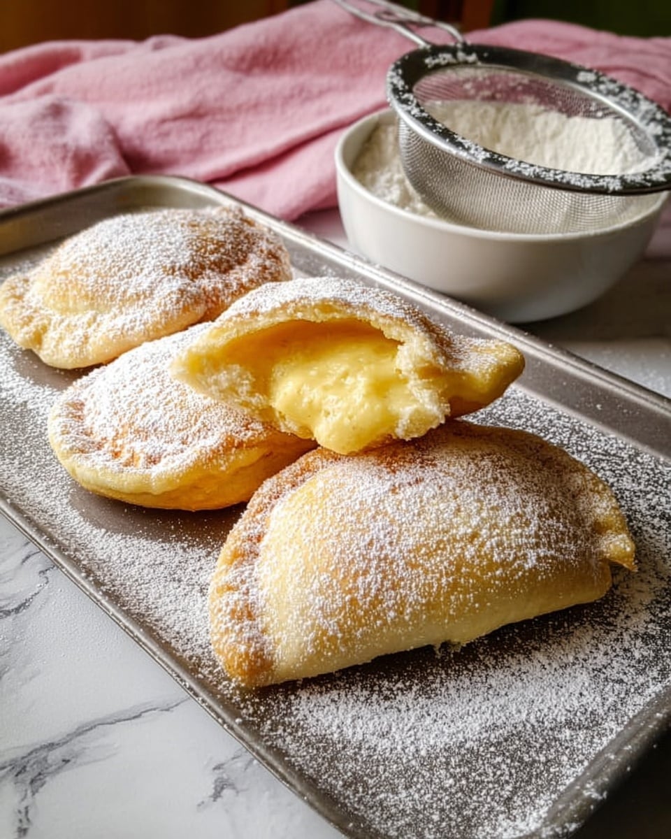 The image shows a close-up of four soft, golden-brown stuffed pastries resting on a metal baking tray with a light dusting of powdered sugar over them and the tray. One pastry is cut open and placed on top of another, revealing a thick, creamy yellow filling inside. Behind them is a white bowl with a metal sieve resting on its edge, containing more powdered sugar. The setting is on a white marbled surface with a pink cloth in the background. Photo taken with an iphone --ar 4:5 --v 7