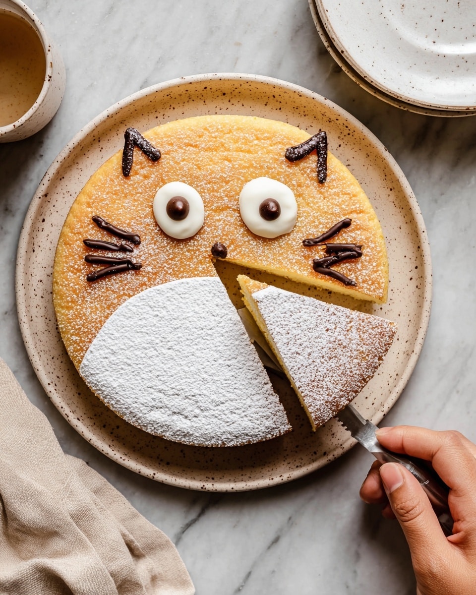 A round, soft cake with a golden brown top layer sits on a speckled beige plate. The bottom half of the cake is dusted with white powdered sugar, creating a clean, smooth white semi-circle shape. On top of the golden layer, there are two white round shapes resembling eyes, each with a small dollop of dark chocolate in the center. The cake is decorated with chocolate lines and shapes to form whiskers, a small nose, and a pattern on the white powdered sugar area. A slice of the cake is being lifted with a knife held by a woman's hand, showing the light, fluffy inside. The setup is on a white marbled surface with a beige cloth nearby and a white plate off to the side. Photo taken with an iphone --ar 4:5 --v 7