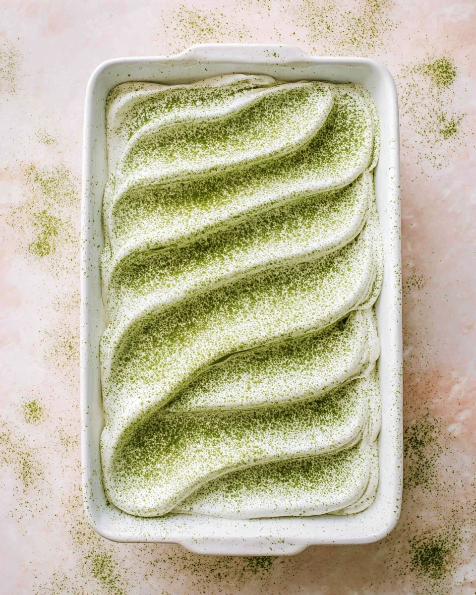 A rectangular white baking dish filled with a creamy white layer of smooth whipped topping spread in broad, wavy strokes across the surface. Evenly dusted over the whipped topping is a fine layer of green powder, giving the dessert a textured look with both the white cream and green powder visible. The dish rests on a white marbled texture with some green powder scattered around it. The overall image has a soft, light feel. photo taken with an iphone --ar 4:5 --v 7