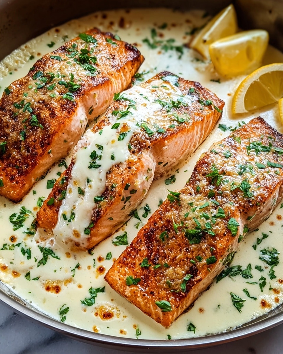 The image shows three thick pieces of golden-brown cooked salmon in a pan, topped with a creamy white sauce that has a slightly toasted texture with small browned spots. Each salmon fillet is garnished with small green parsley leaves scattered on top. The salmon sits in a light, creamy sauce that spreads around the pan, with two lemon wedges placed behind the fish near the top right corner. The pan is on a white marbled surface that softly contrasts with the warm colors of the salmon and sauce. Photo taken with an iphone --ar 4:5 --v 7