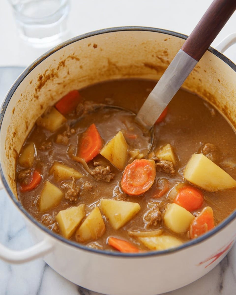 A white pot filled with a thick brown stew that contains chunky pieces of light yellow potatoes, bright orange carrot slices, and small bits of meat and onion. A metal ladle with a dark wooden handle is partially dipped into the stew, stirring it. The pot sits on a white marbled surface with a small glass container blurry in the background. The inside rim of the pot is slightly stained with the brown sauce. Photo taken with an iphone --ar 4:5 --v 7