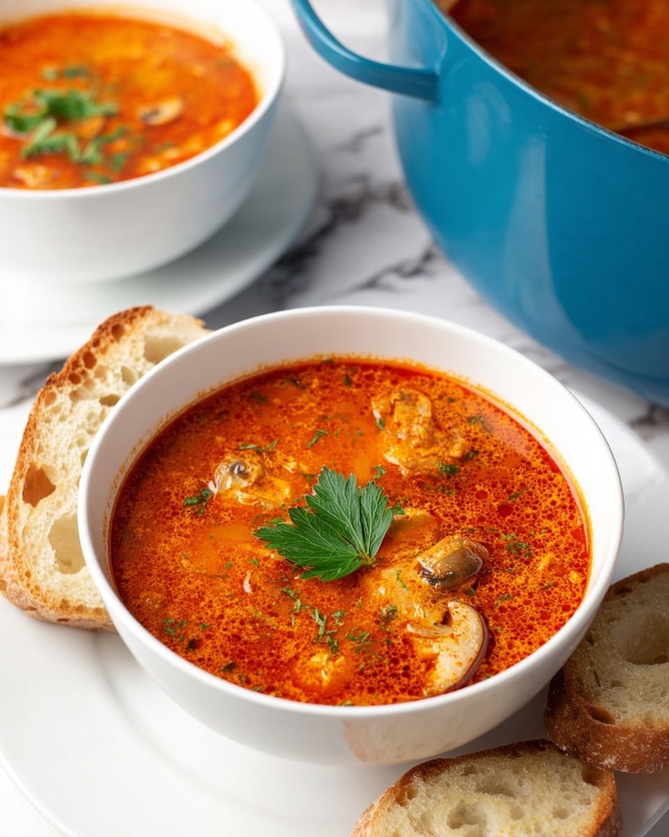 A white bowl filled with bright orange-red soup that has a bubbly, slightly oily surface and visible chunks of sliced mushrooms. The soup is garnished with a single fresh green parsley leaf in the center. The bowl is placed on a white plate with three pieces of toasted, slightly crusty bread with light brown spots and holes. Behind and to the right of the bowl is a blue pot with more of the same soup inside, showing a thick, chunky texture. In the back left, there is a partial view of another white bowl filled with the same soup, also garnished with parsley. All items rest on a white marbled surface. photo taken with an iphone --ar 4:5 --v 7