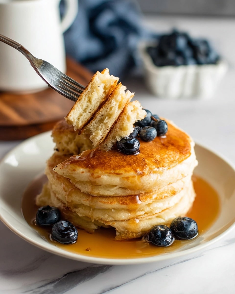 A stack of four thick golden-brown pancakes is placed at the center of a white plate on a white marbled surface. The pancakes have a soft and fluffy texture with syrup soaking in between layers and spreading around the base. Several fresh dark blue blueberries are scattered on top and around the pancakes. A woman's hand holding a fork with a bite of the pancake is lifted from the stack, showing the soft and moist inside of the pancakes. In the blurred background, there is a white cup and a small container filled with more blueberries. Photo taken with an iphone --ar 4:5 --v 7