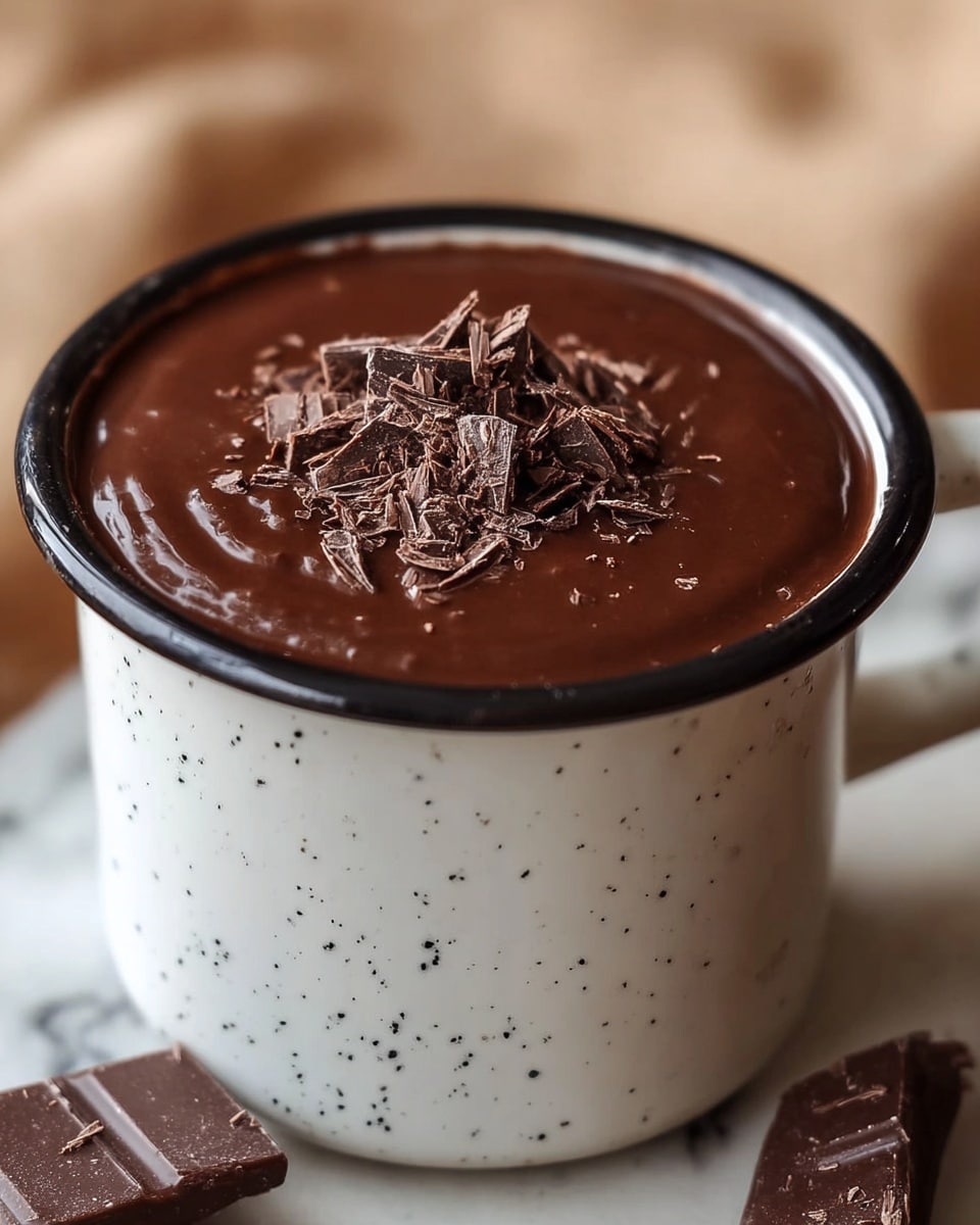 A smooth, thick layer of glossy dark chocolate filling fills a white enamel mug with black speckles and a black rim. On top, there is a small pile of dark chocolate chunks and fine shavings, adding texture and depth. The mug is set against a blurred background with warm, soft colors, resting on a white marbled surface. photo taken with an iphone --ar 4:5 --v 7