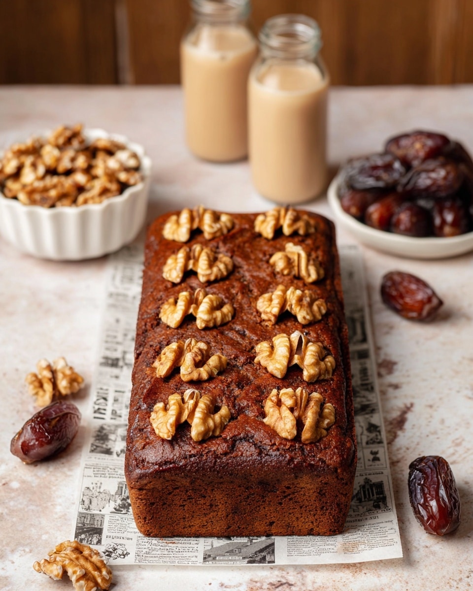 A rectangular, dark brown loaf cake topped with whole walnut halves arranged in neat rows on its surface, the cake has a slightly cracked texture suggesting moistness inside. The cake sits on a piece of printed parchment paper placed over a white marbled textured surface. Surrounding the cake, on the left, is a white scalloped bowl filled with walnut halves, and on the right, a white plate holds glossy, deep brown dates. Behind the cake, there is a clear glass jar filled with more walnuts and two bottles of a light beige drink. The photo captured is warm, natural, and focused on the cake's rich details. photo taken with an iphone --ar 4:5 --v 7