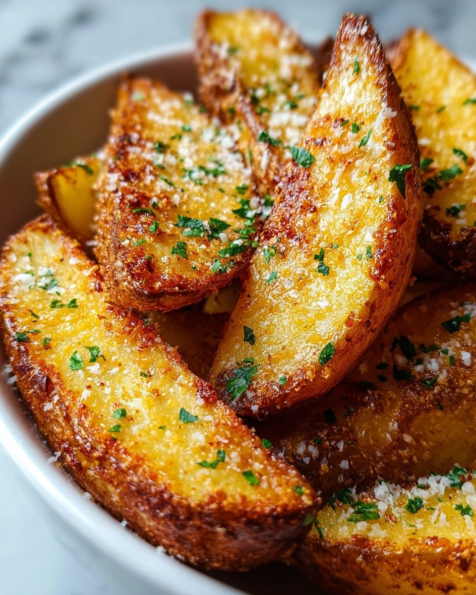 The image shows a close-up of golden-brown potato wedges in a white bowl. The wedges have a crispy texture with a crunchy, browned surface and soft yellow inside. They are sprinkled with green chopped herbs and fine white grated cheese dusted evenly on top. The bowl sits on a white marbled surface, enhancing the warm tones of the potatoes. photo taken with an iphone --ar 4:5 --v 7