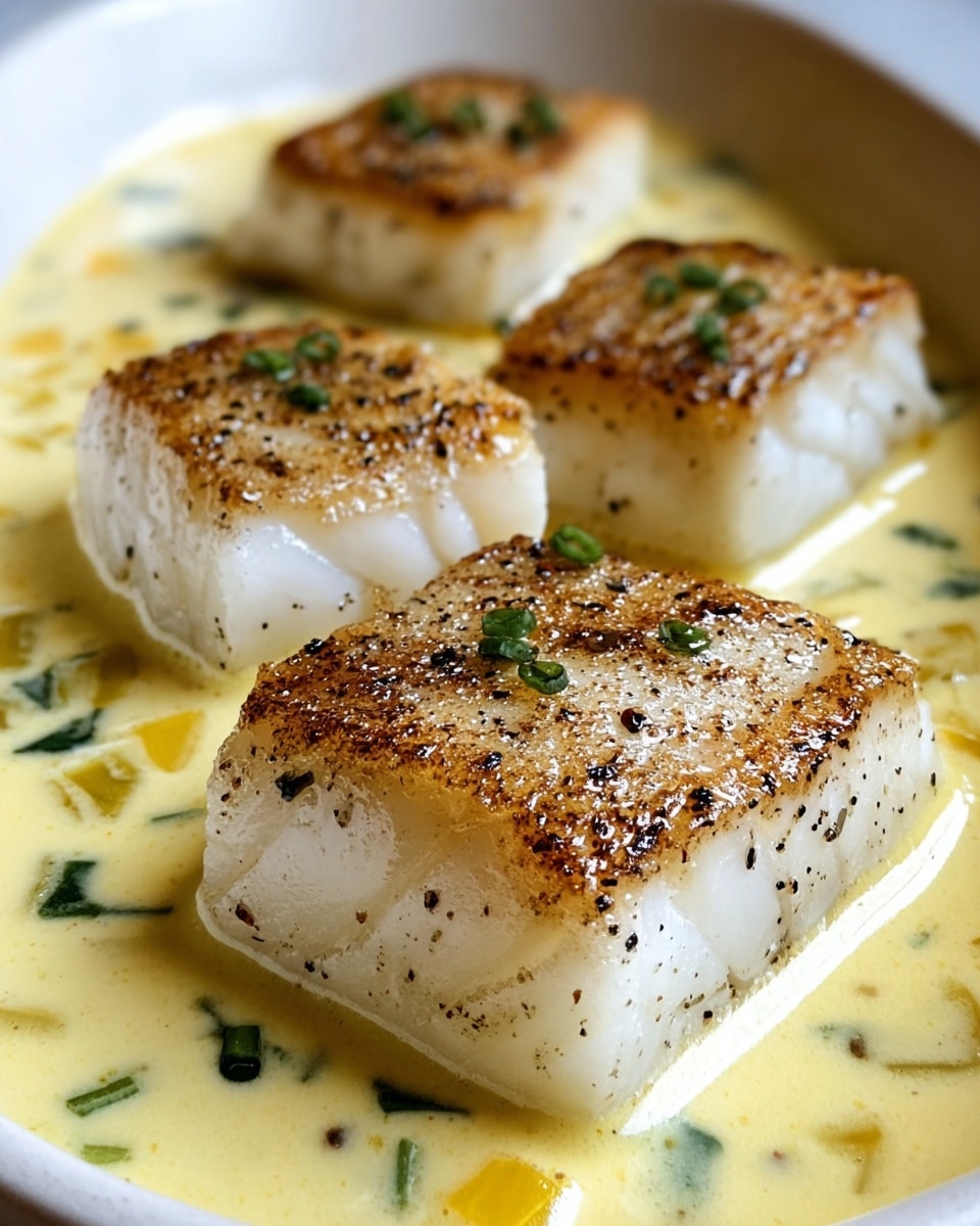 The image shows four pieces of cooked white fish fillets with a golden-brown crust on top, seasoned with black pepper and small green herb pieces. They are placed in a shallow white dish filled with a creamy yellow sauce that has visible bits of green herbs and small yellow pieces, likely vegetables or garnish. Each piece of fish has a flaky texture visible on the sides and is evenly spaced in the dish on a white marbled surface. photo taken with an iphone --ar 4:5 --v 7