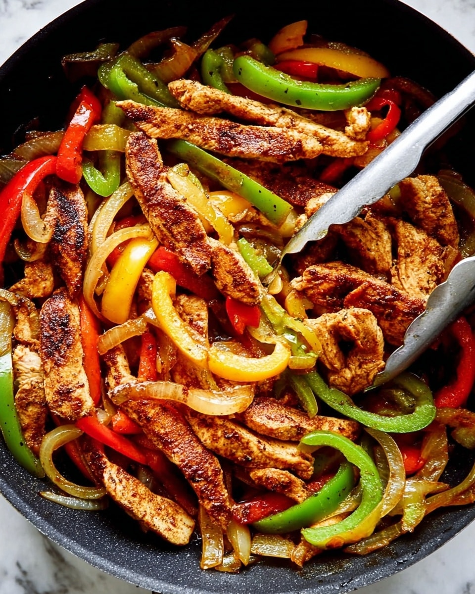 This image shows a skillet filled with cooked strips of brown grilled chicken mixed with sliced bell peppers in green, red, and yellow colors, and translucent sautéed onion rings. The chicken pieces are thick and slightly charred with a textured surface. The sliced vegetables are layered evenly among the chicken, showing a mix of soft and crisp textures. A pair of silver tongs holds one piece of chicken on the right side of the skillet. The background is a white marbled texture. photo taken with an iphone --ar 4:5 --v 7