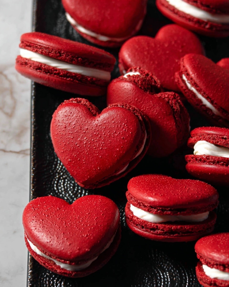 A black rectangular tray holds nine bright red heart-shaped macarons, each made of two smooth, shiny red shells with a thick layer of creamy white filling sandwiched in between; the macarons have a soft, delicate texture with slight cracks visible on some shells. The tray is placed on a white marbled surface, and in the foreground and background, there are two clear glass tumblers slightly out of focus, catching the light. The overall lighting is natural with soft shadows creating a warm, inviting look. Photo taken with an iphone --ar 4:5 --v 7