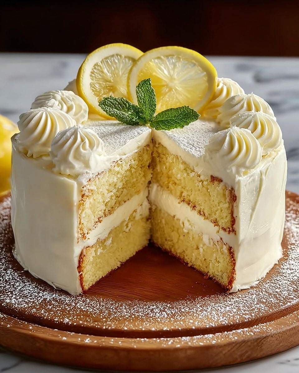 A two-layer round cake with light yellow sponge visible in the cut section, each layer separated and covered with smooth white cream frosting; the top is decorated with swirls of white cream, two thin lemon slices standing upright, and a small sprig of green mint in the center; the cake rests on a wooden board sprinkled lightly with powdered sugar, all set on a white marbled surface. photo taken with an iphone --ar 4:5 --v 7