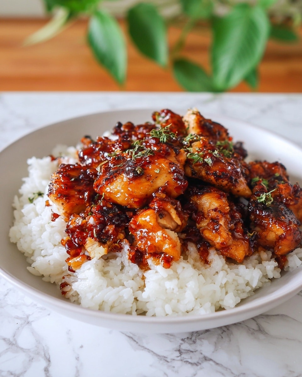 The image shows a white plate with a layer of white cooked rice at the bottom that looks soft and fluffy. On top of the rice, there is a pile of grilled chicken pieces covered in a thick, shiny, dark brown sauce with a slightly sticky texture. The chicken has a mix of golden brown and reddish hues, with some small green herb pieces sprinkled on and around it. The chicken pieces have slightly charred edges, adding texture. The plate is set on a white marbled surface with a green leafy plant blurred in the background. photo taken with an iphone --ar 4:5 --v 7