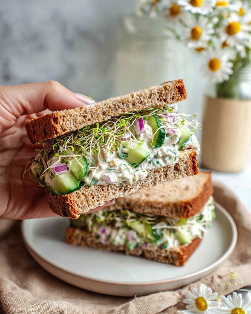 A close-up of a sandwich held by a woman's hand, showing two layers of toasted brown bread. Between the bread layers, there is a thick filling of creamy white spread mixed with chopped cucumber, red onion, and fresh green sprouts, giving a fresh and crunchy texture. The sandwich sits above another identical sandwich on a white plate placed on a beige cloth, all set on a white marbled surface. In the background, a glass jar and a beige vase with white daisies add a soft, natural touch. Photo taken with an iphone --ar 4:5 --v 7
