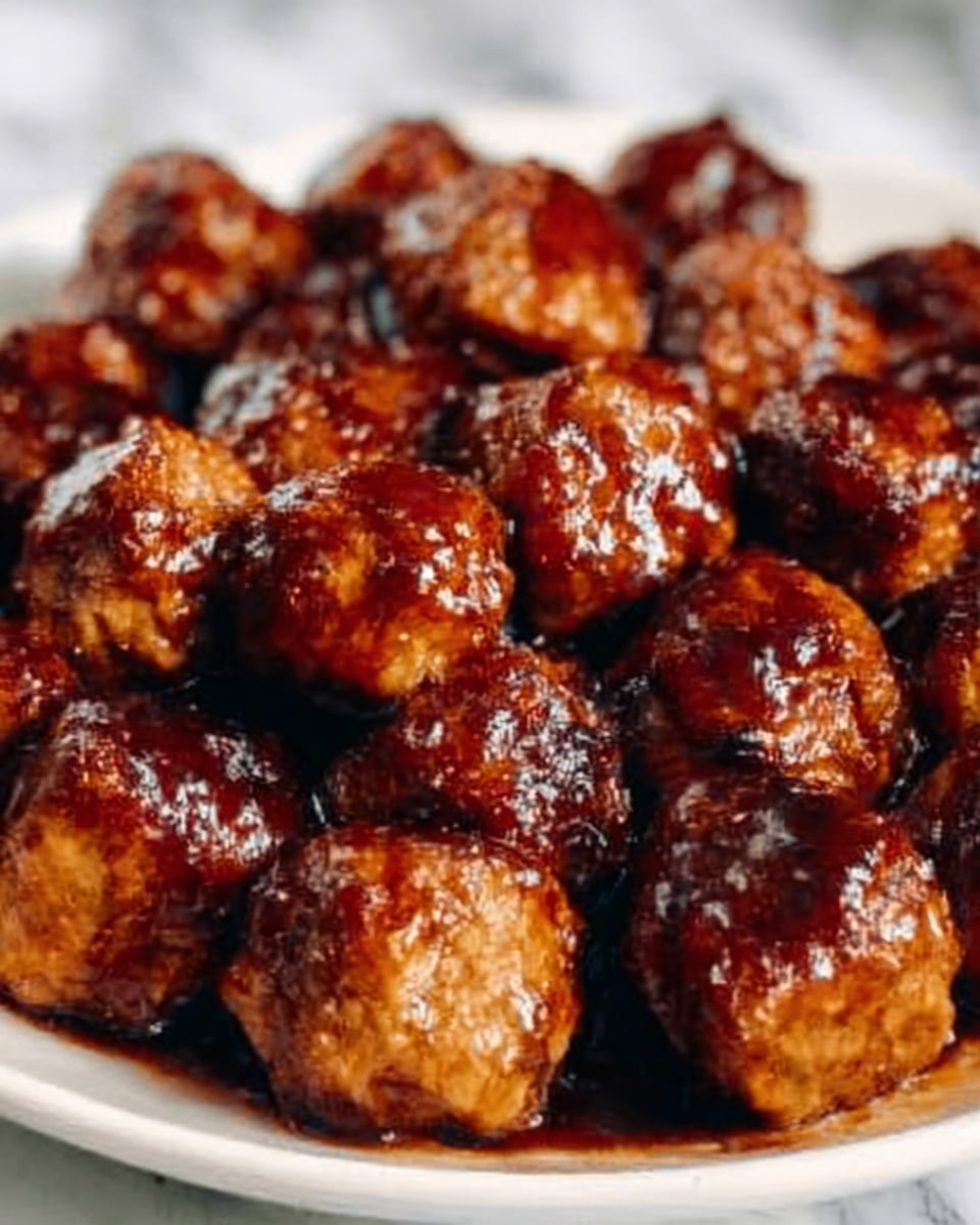 A white plate filled with multiple small meatballs covered in a shiny dark brown glaze that looks sticky and rich. The meatballs are closely packed, showing a slightly rough texture with some crispy browned edges. The background is a white marbled surface, making the dark glazed meatballs stand out clearly. photo taken with an iphone --ar 4:5 --v 7