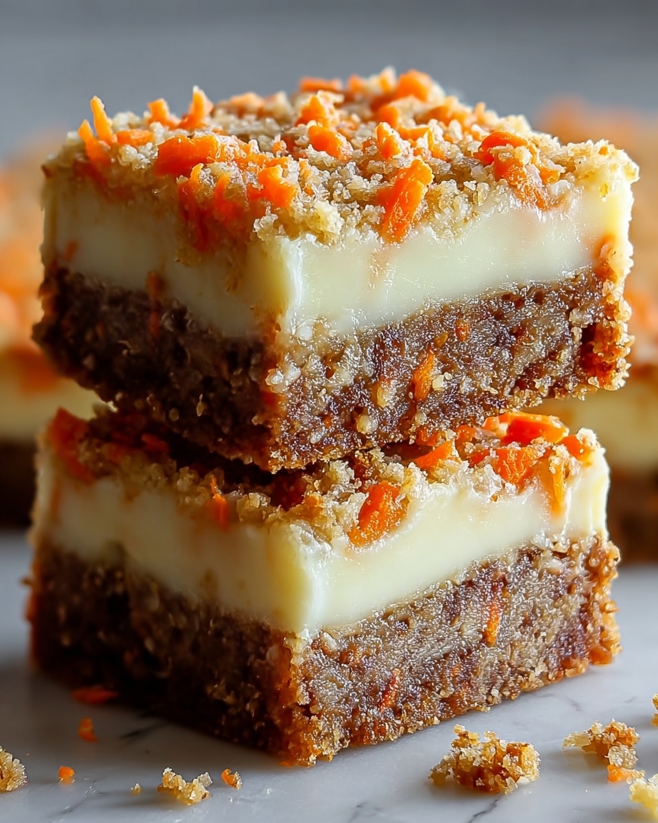 Two square dessert bars are stacked on top of each other against a white marbled background. Each bar has three layers: a bottom dense, moist brown layer with visible bits of nuts and carrots, a thick middle creamy white layer that looks smooth and soft, and a top layer of golden brown crumbly texture with small bright orange carrot pieces scattered throughout. The edges are textured and slightly uneven, giving a homemade feel, with some crumbs falling around the base. Photo taken with an iphone --ar 4:5 --v 7