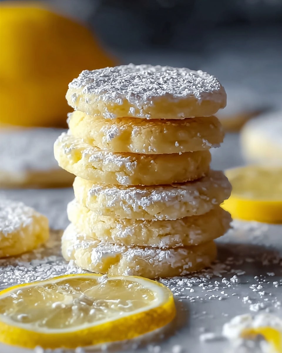 A stack of five round lemon cookies dusted with powdered sugar sits centered on a white marbled surface, each cookie showing soft, crumbly texture and pale yellow color. Around the stack, several thin lemon slices lie flat, adding bright yellow and translucent layers. The powdered sugar is scattered unevenly across the cookies and the surrounding surface, creating a light snowy effect. In the background, a blurred whole lemon provides a pop of deeper yellow. The arrangement feels fresh and inviting with soft natural lighting highlighting the cookies' details. photo taken with an iphone --ar 4:5 --v 7