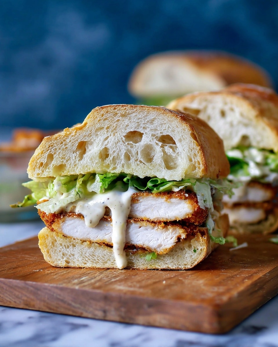 The image shows a sandwich cut in half, placed on a wooden board on a white marbled surface. The sandwich has a crusty, light golden-brown bread with a soft, airy inside. Inside the sandwich, there are three visible layers: at the bottom, a thick piece of breaded and fried chicken with a crispy, golden-brown crust and white inside; in the middle, fresh green lettuce leaves; on the top, a creamy white sauce dripping slightly down the chicken and bread. The sandwich halves are positioned close to each other, with a blurred sandwich in the background and a blue blurred backdrop. photo taken with an iphone --ar 4:5 --v 7