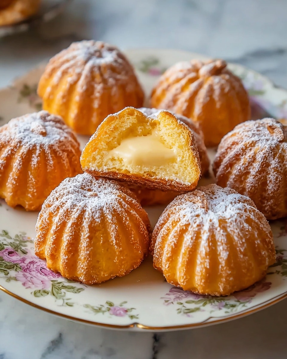 The image shows six small, round pastries shaped like pumpkins, each with deep ridges running vertically. The pastries are golden brown with a light dusting of powdered sugar on top that highlights the ridges. One pastry is cut in half and placed on top of the others, revealing a creamy pale yellow filling inside with a smooth texture. All pastries rest on a white plate with a delicate floral pattern around the edge. The background features a white marbled texture surface. photo taken with an iphone --ar 4:5 --v 7