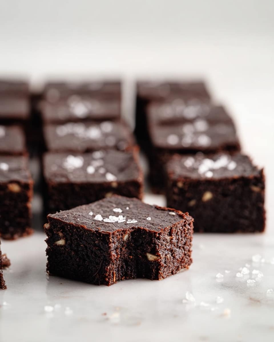The image shows a group of dark brown brownies cut into square pieces arranged on a white marbled surface. There are three rows of brownies, and one square in the front is separated from the rest, with a bite taken out of its corner, showing a moist and slightly crumbly texture inside with small nut pieces visible. The tops of the brownies have a slightly wrinkled surface with a few grains of coarse salt sprinkled on top. The background has a soft white blur, keeping the focus on the brownies. Photo taken with an iphone --ar 4:5 --v 7