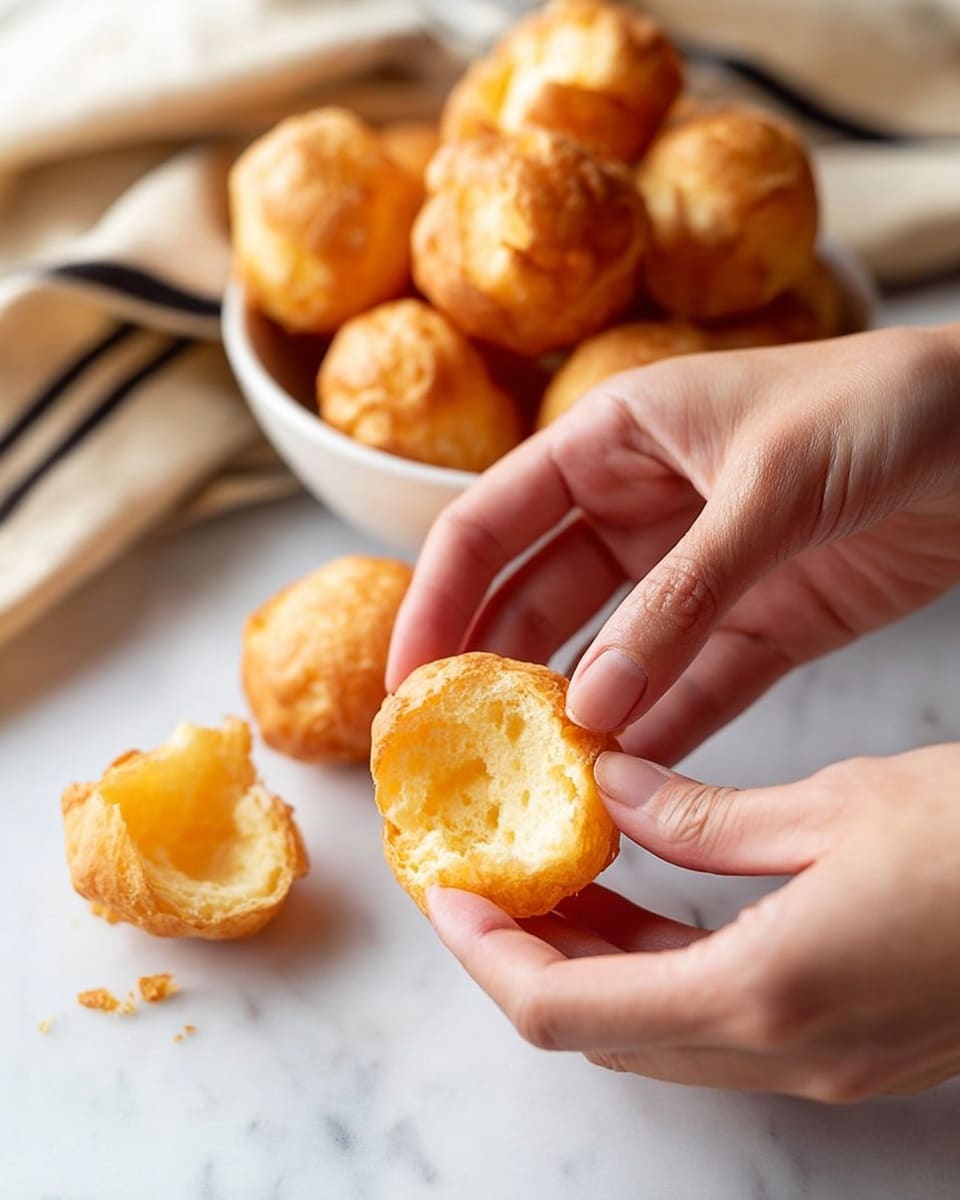 Two woman's hands are gently pulling apart a small golden brown round puff with a light, airy, hollow inside texture. Several more puffs are scattered on a white marbled surface and piled loosely in a white bowl in the background. The light from the side highlights the soft, smooth outer crust and the fluffy, slightly uneven inside layers of the pastry. A folded beige and black striped cloth is partly visible in the upper left corner. photo taken with an iphone --ar 4:5 --v 7