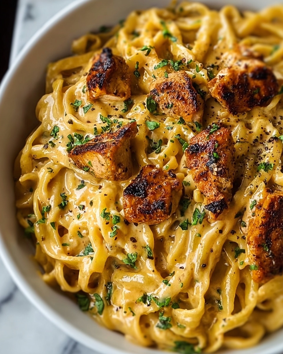 A close-up view of a creamy pasta dish served in a white bowl, featuring thick, twisted noodles coated in a glossy, golden-yellow sauce. Scattered on top are several pieces of grilled chicken with a browned, slightly charred surface that adds texture and contrast. The dish is garnished with small, bright green chopped herbs evenly spread across the pasta and chicken. Light specks of black pepper are visible on the sauce and chicken, enhancing the rich appearance. The background is a white marbled texture. photo taken with an iphone --ar 4:5 --v 7