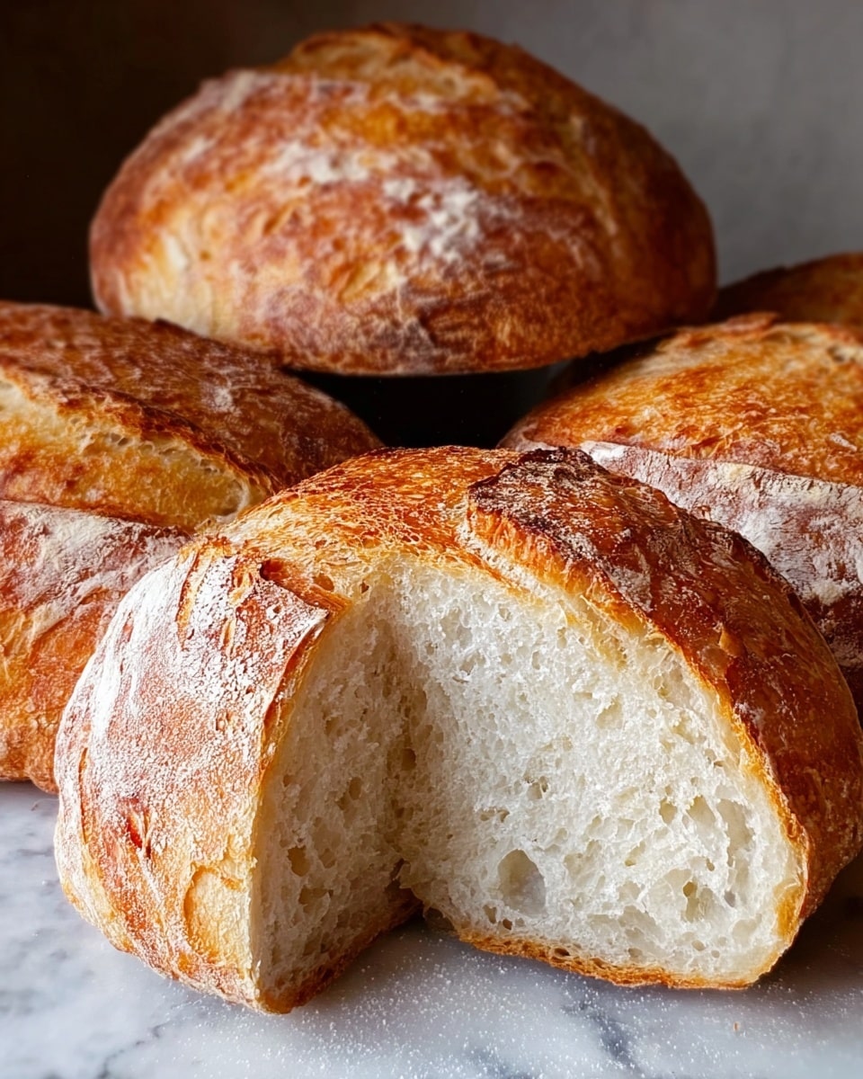 The image shows several round loaves of rustic bread with a golden, crispy crust and a light dusting of flour on top. The loaf in the front is cut in half, revealing a soft, airy white inside with a light texture and small air pockets. The crust has a mix of warm golden-brown and slightly darker toasted areas, giving it a well-baked look. The bread rests on a surface with a soft, white marbled texture. Photo taken with an iphone --ar 4:5 --v 7