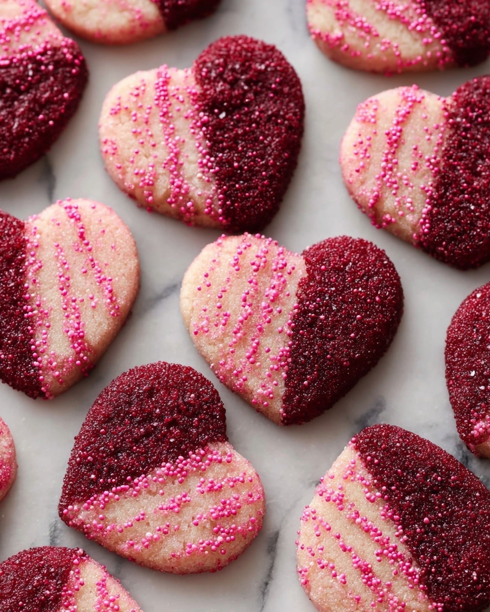 The image shows several heart-shaped cookies arranged closely on a white marbled surface. Each cookie is divided into two halves: one half is a rich deep red color with a rough sugar crystal coating, and the other half is a light pink with diagonal lines of bright pink sugar sprinkles adding texture. The cookies have a slightly grainy look from the sugar and the contrast between the dark red and light pink parts is very clear. Photo taken with an iphone --ar 4:5 --v 7