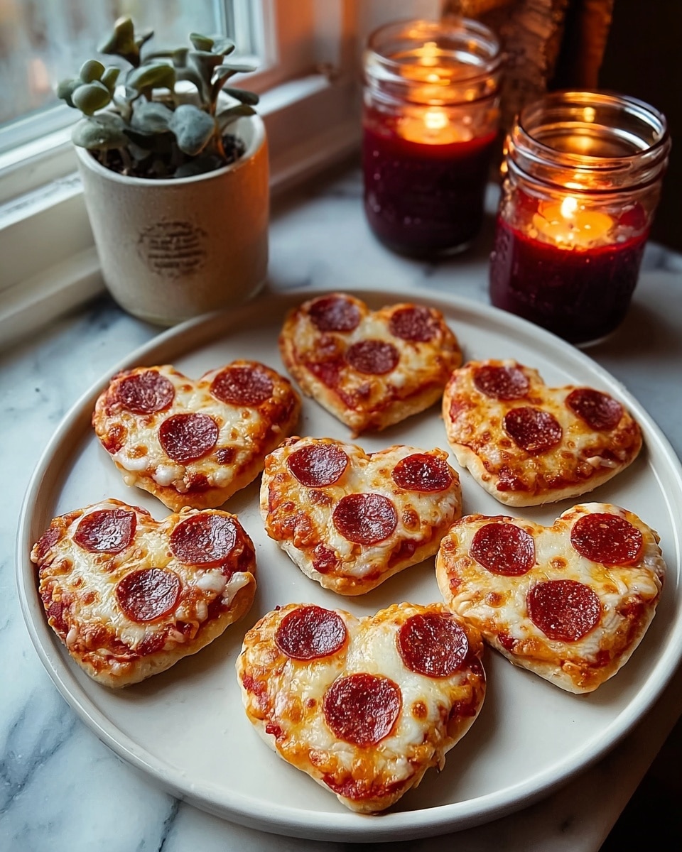 A round white plate shows eight small heart-shaped mini pizzas arranged in a circle with one in the center. Each mini pizza has a golden brown baked crust base with melted light yellow cheese covering it. On top of the cheese, there are two or three darker red heart-shaped pepperoni slices on each pizza, giving a Valentine's Day feel. The plate sits on a white marbled surface with a small potted plant with green leaves to the left and two dark red lit candles in glass jars behind the plate near a window. The warm candlelight adds a cozy atmosphere. photo taken with an iphone --ar 4:5 --v 7