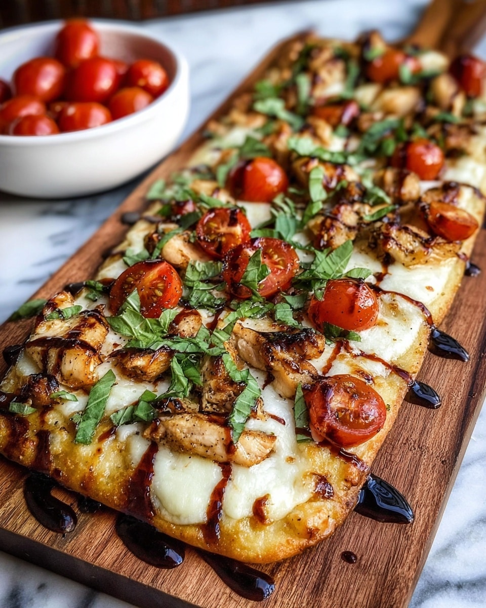 A rectangular flatbread pizza is shown on a wooden board with a golden-brown crust as the first layer. The second layer is melted white cheese that covers the flatbread evenly. On top, grilled chicken pieces with a light brown, slightly crispy texture are scattered, along with halved cherry tomatoes that show a shiny red interior. Bright green strips of fresh basil leaves are sprinkled over the entire surface, and dark glossy balsamic glaze is drizzled in thick lines across the pizza, adding contrast. In the background, a small white bowl filled with whole cherry tomatoes sits on a white marbled surface. photo taken with an iphone --ar 4:5 --v 7