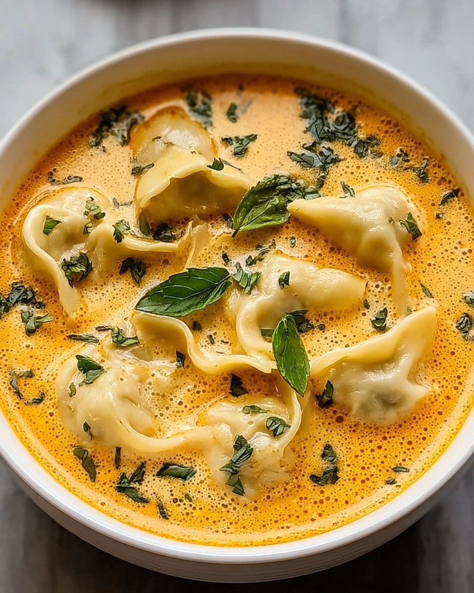 A white bowl filled with a creamy orange soup that has a smooth texture with tiny bubbles on the surface. Floating in the soup are several light beige dumplings with visible folds and a soft, slightly shiny texture. Scattered on top and mixed within the soup are dark green chopped herbs and a few whole green leaves, adding contrast. The bowl is placed on a white marbled surface, enhancing the warm colors of the soup. photo taken with an iphone --ar 4:5 --v 7