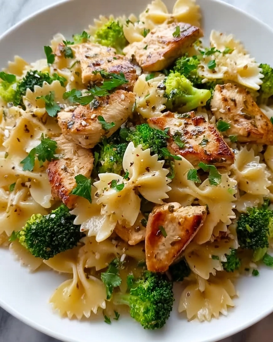 The dish shows a white plate filled with farfalle pasta as the base layer, light yellow and soft with a slightly shiny texture. Scattered on top are small, bright green broccoli florets that add a fresh, rough texture. Mixed among the pasta and broccoli are golden brown grilled chicken strips, lightly charred and juicy in appearance. The whole dish is garnished with fresh green parsley leaves, sprinkled evenly, and small bits of black pepper and seasoning are visible on the pasta and chicken. The background is a white marbled surface, and there is no hand visible in the image. photo taken with an iphone --ar 4:5 --v 7