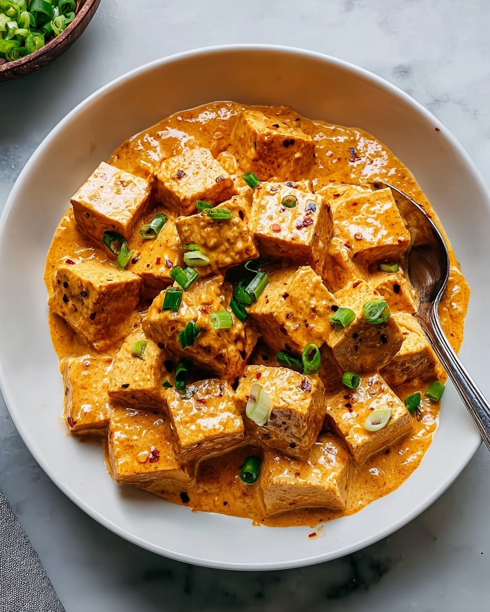 The image shows a white bowl filled with many thick cubes of tofu coated in a thick, creamy orange sauce with dark specks of spices. The tofu is arranged in a loose pile, and the sauce partly pools at the bottom, covering the base of the bowl. Small chopped green onions are sprinkled on top, adding a vibrant green contrast. A metal spoon rests inside the bowl on the right side, partially submerged in the sauce. The bowl is set on a white marbled surface, and the tofu cubes appear soft yet firm, with glossy sauce giving a rich and inviting texture. Photo taken with an iphone --ar 4:5 --v 7