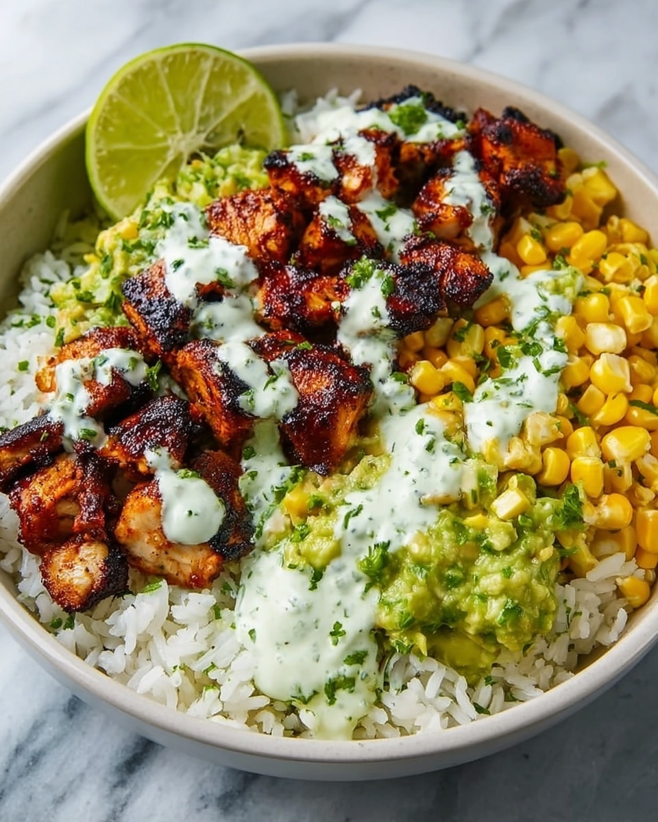 A white bowl sits on a white marbled surface, filled with a colorful layered dish. The base layer is fluffy white rice that covers the whole bowl. On one side, there is bright yellow corn with a glossy texture. Beside it, there is a chunky green guacamole with bits of avocado and some herbs mixed in. On top of these, there are many pieces of grilled chicken that are dark brown with slight charring, giving a crispy look. The whole dish is drizzled with a white creamy sauce that has green herb bits in it, adding a fresh contrast. A halved lime rests on the edge, adding a touch of yellow-green freshness. Photo taken with an iphone --ar 4:5 --v 7