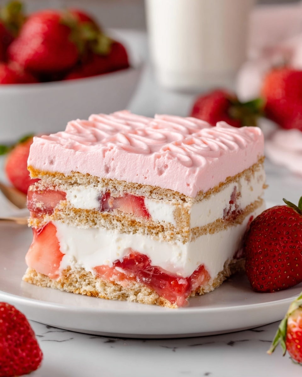 The image shows a layered strawberry dessert sitting on a white plate with a white marbled surface underneath. The dessert has four visible layers: the bottom layer is a light brown cake base, followed by a thick white creamy layer with chunks of red strawberries inside. Above that is another thin light brown cake layer, then a thin spread of strawberry jam with small strawberry pieces, topped by another thick white creamy layer. The top layer is a smooth, thick pink frosting with soft swirls. Fresh strawberries are placed around the plate, and there is a bowl of strawberries blurred in the background. photo taken with an iphone --ar 4:5 --v 7