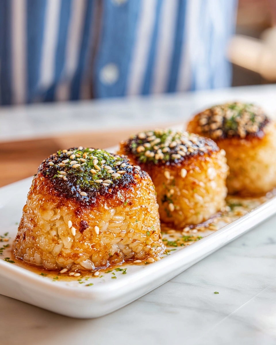 Three golden brown grilled rice balls sit side by side on a long white plate, each having a well-toasted crispy outer layer with a shiny caramelized texture. The top and sides of the rice balls are sprinkled with white sesame seeds and small green herb flakes, adding a fresh and crunchy look. The plate rests on a white marbled surface, and in the background, a person wearing a blue and white striped shirt is blurred out. photo taken with an iphone --ar 4:5 --v 7