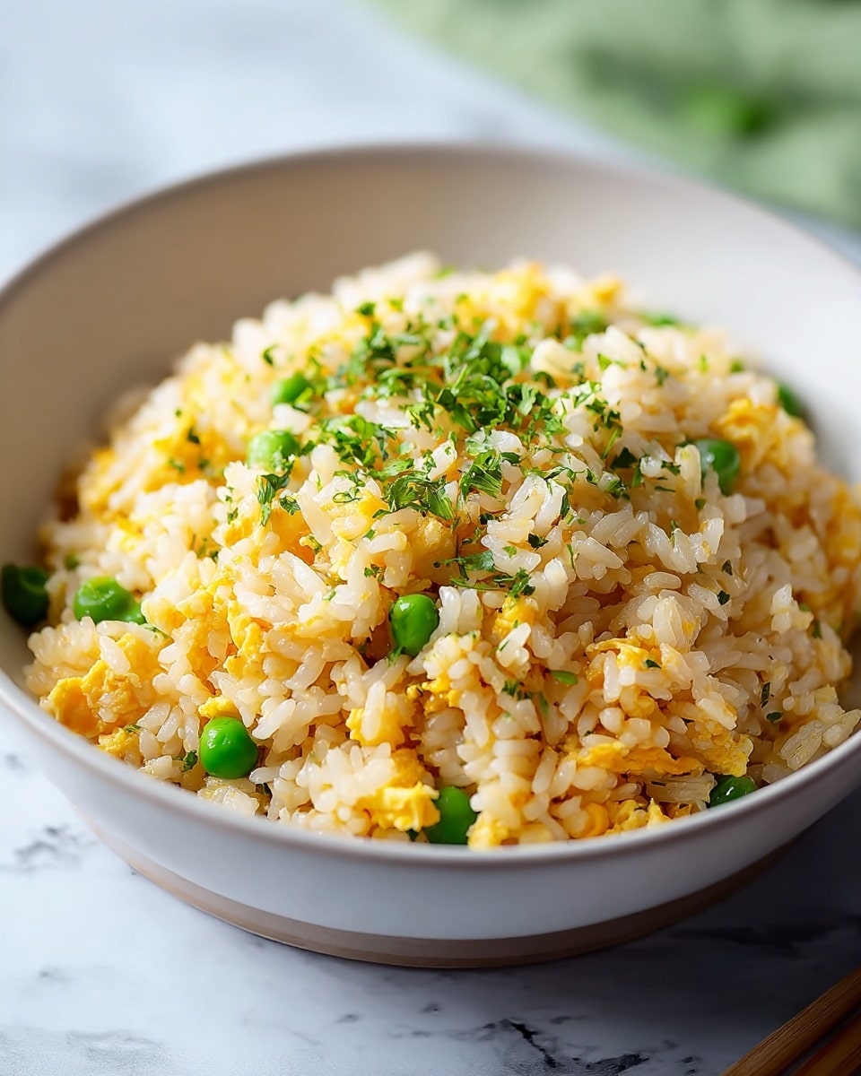 A white bowl filled with one layer of fried rice that is light yellow mixed with white grains, scattered green peas, and small pieces of scrambled egg spread evenly. The rice looks fluffy and moist with finely chopped green herbs sprinkled on top. The bowl is sitting on a surface with a white marbled texture, and the background shows a soft blurred green element. photo taken with an iphone --ar 4:5 --v 7