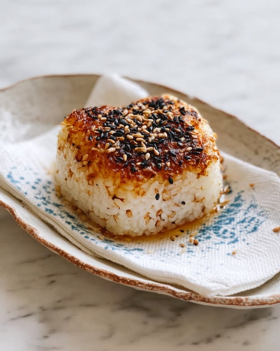 A grilled rice ball with a golden brown, crispy top layer sprinkled with black and white sesame seeds sits on an oval white plate with rough textured edges; the middle layer shows lightly toasted rice transitioning to a soft, white rice base, all resting on a folded white cloth with blue spots on a white marbled surface. photo taken with an iphone --ar 4:5 --v 7