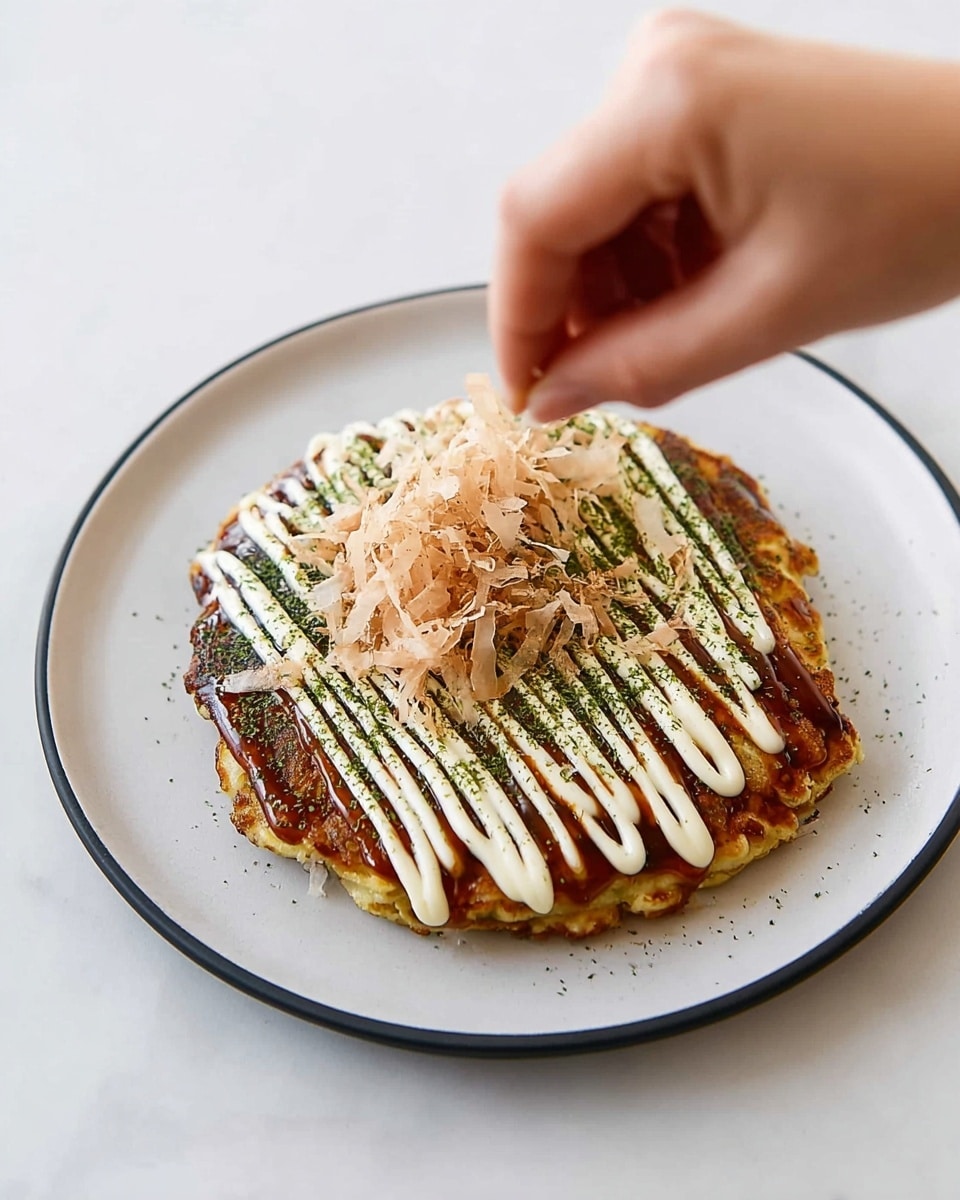 A golden-brown okonomiyaki pancake sits in the center of a white plate, topped with thick, dark brown sauce spread across the surface, alternating with thin white mayonnaise drizzles in vertical lines. On top, there is a scattering of light, thin bonito flakes that look slightly curled, and a sprinkling of green seaweed powder. A woman's hand is delicately sprinkling the toppings over the pancake, and the whole scene is set against a white marbled texture background. photo taken with an iphone --ar 4:5 --v 7