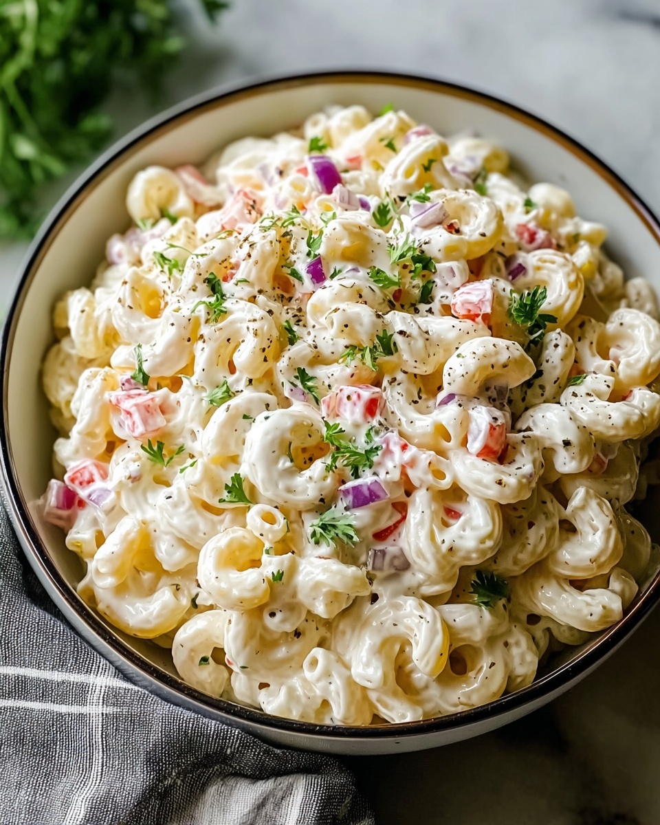 A bowl filled with creamy macaroni salad showing three main layers: at the bottom, short curved macaroni pasta in pale yellow; the middle is thick white creamy dressing covering most pasta; the top has small diced red bell peppers, bits of purple onion, fresh green parsley leaves, and black pepper sprinkled evenly. The bowl is white with a dark rim and rests on a white marbled surface with a gray and white striped cloth nearby. photo taken with an iphone --ar 4:5 --v 7