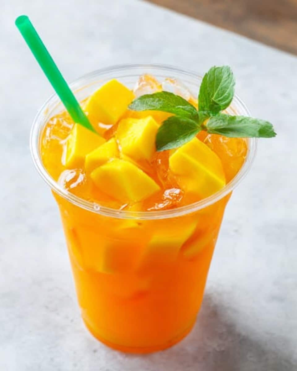 The image shows a clear plastic cup filled with bright orange iced drink, with visible ice cubes floating on top. On the surface, there are several yellow mango chunks placed neatly, and a small green mint leaf garnish sits in the center. A green straw is inserted into the drink from the left side of the cup. The cup is placed on a white marbled surface. Photo taken with an iphone --ar 4:5 --v 7