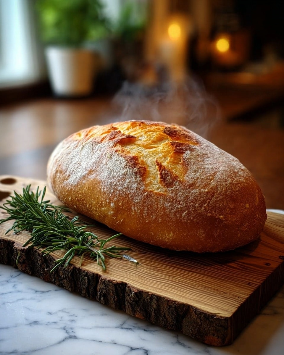 A freshly baked loaf of bread with a golden brown crust and a crack running along the top, steaming hot and resting on a rustic wooden cutting board with rough bark edges, next to a small bunch of fresh green rosemary sprigs; the background shows a softly blurred cozy kitchen setting with warm light, all placed on a white marbled surface. photo taken with an iphone --ar 4:5 --v 7