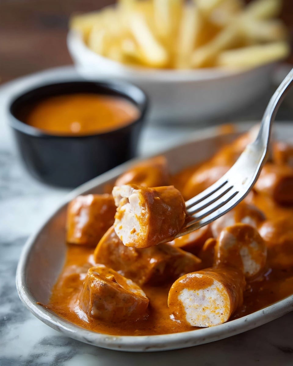 A close-up of a white oval plate filled with several sausage pieces sliced into thick, round chunks and whole sausages, all covered with a rich, thick orange-brown sauce that looks smooth and slightly glossy. A fork holds one chunk in the air, coated fully with the sauce. In the blurred background, there is a white bowl filled with thin, pale yellow French fries and a small black bowl containing a similar orange-brown dipping sauce, all set on a white marbled surface. photo taken with an iphone --ar 4:5 --v 7