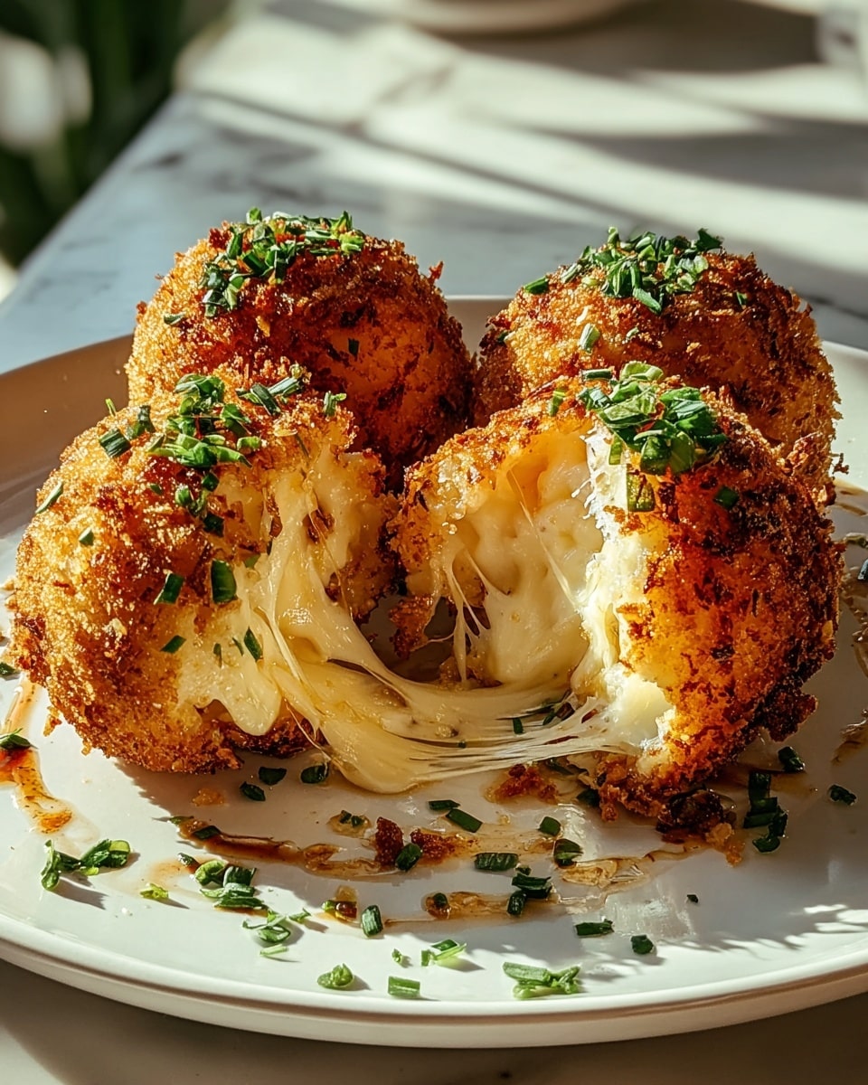 Three round, golden-brown, crispy fried balls filled with melted cheese are arranged on a white plate. One ball is cut in half, showing gooey, stretchy white cheese inside with a light brown, crunchy outer layer. Each ball is topped with small pieces of fresh green herbs, while more herbs and a small drizzle of sauce are scattered on the plate. The whole scene is set on a white marbled surface with soft sunlight highlighting the crispy texture and the melted cheese inside. Photo taken with an iphone --ar 4:5 --v 7
