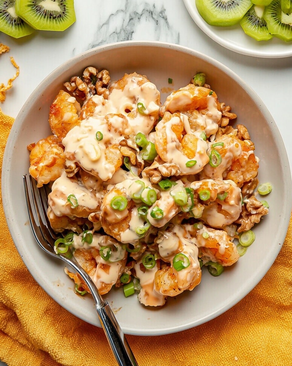 The dish is a white bowl filled with about two layers of crispy fried shrimp that are golden and slightly orange in spots. On top of the shrimp, there is a creamy beige sauce drizzled unevenly. Scattered around the shrimp and sauce are small pieces of green onion adding bright green spots throughout. Mixed in between and under the shrimp are light beige, wrinkled walnuts, giving a rough texture contrast. A fork with a silver and black handle is placed inside the bowl on the left side. The bowl sits on a white marbled surface with a yellow cloth underneath it near the bottom left corner. Nearby, there is a small white plate with sliced green kiwi. Photo taken with an iphone --ar 4:5 --v 7