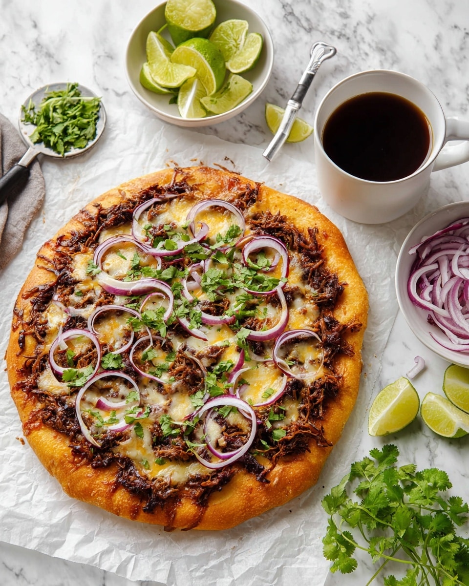 A round pizza with a golden-brown crust sits on white parchment paper over a white marbled surface, topped with a layer of melted cheese, then a layer of dark brown shredded meat, followed by thin slices of purple onion and scattered green cilantro leaves. Nearby, there is a white bowl filled with lime wedges, another white bowl with thin purple onion slices, fresh cilantro sprigs, a metal pizza cutter, and a white cup filled with dark coffee. Photo taken with an iphone --ar 4:5 --v 7