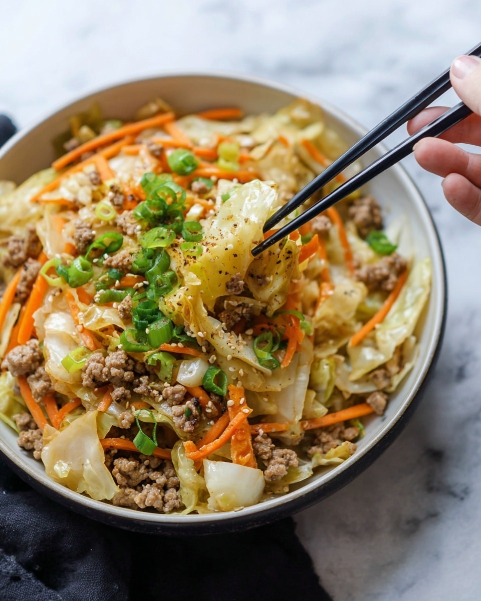 A close-up view of a cooked dish served in a white bowl filled with three main layers: the base layer of soft, light yellow cabbage pieces, the middle layer of small browned ground meat chunks, and the top layer of thin orange carrot strips and bright green chopped spring onions scattered throughout. A pair of black chopsticks held by a woman's hand lifts a bite portion showing all layers together, with visible seasonings like pepper and sesame seeds on top. The bowl rests on a white marbled surface. photo taken with an iphone --ar 4:5 --v 7