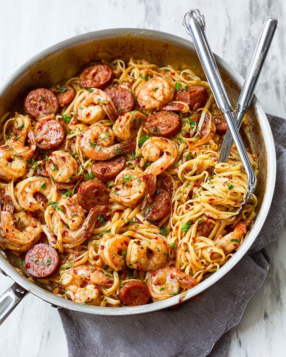 A large silver pan filled with three main layers: the bottom layer is long, thin, light orange-yellow cooked pasta strands tangled together; the middle layer consists of round, thick slices of browned, reddish sausage evenly mixed throughout; the top layer shows curled, pink shrimp with some reddish seasoning sprinkled on them, scattered around and resting on the pasta and sausage. Small pieces of green herbs and red chili flakes are sprinkled over the whole dish. Two shiny silver tongs rest inside the pan on the right side, and the pan sits on a folded gray cloth on a white marbled surface. photo taken with an iphone --ar 4:5 --v 7