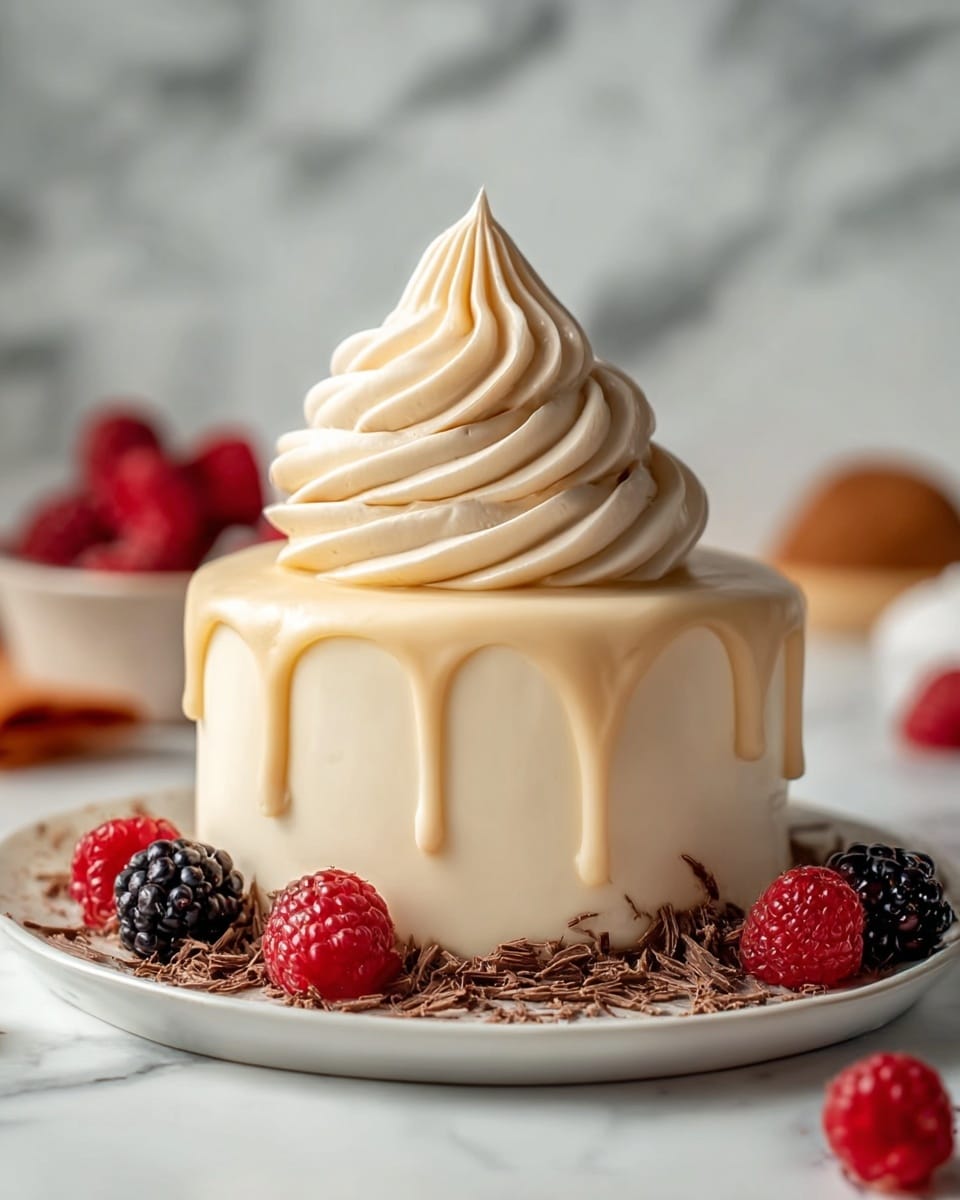 The image shows a single-layer round cake covered in smooth, creamy beige icing that drips slightly down the sides. On top of the cake is a tall swirl of light beige frosting, shaped like a soft-serve ice cream peak. The cake sits on a white plate with chocolate shavings scattered around its base. Around the cake on the plate are fresh raspberries and one blackberry, adding bright red and dark purple colors for contrast. The background has a blurred effect with a white marbled texture surface visible. photo taken with an iphone --ar 4:5 --v 7